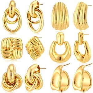 6 Pairs Chunky Gold Statement Earrings Set for Women Gold Geometric Hoop Dangle